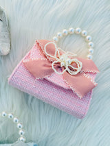 Pearl Handle Tweed Mini Handbag for Girls Bow Ribbon Crossbody Purse Cute Fashion Shoulder Bag