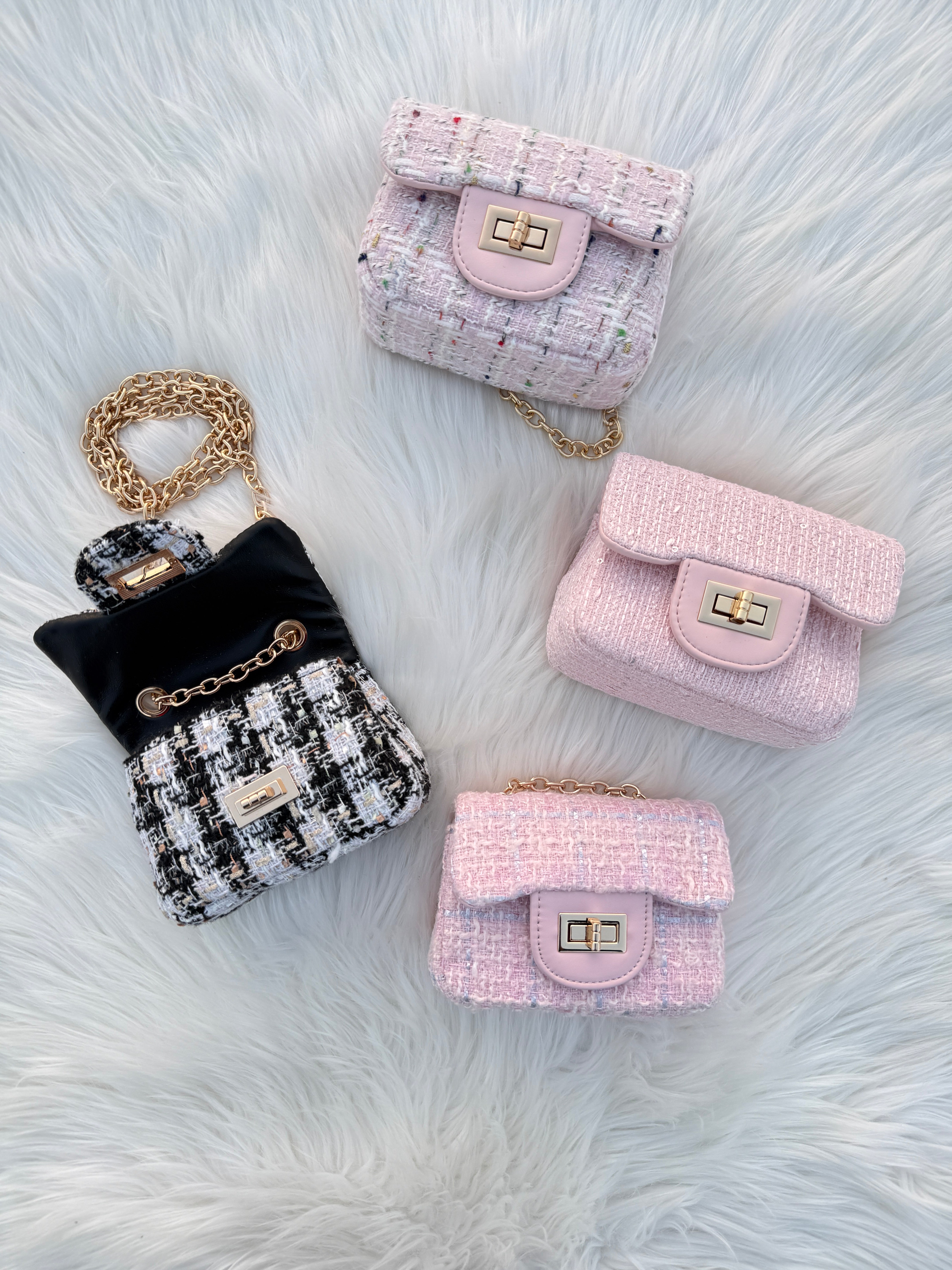 Luxury Tweed Mini Crossbody Handbag for Girls & Women Pearl Chain Shoulder Bag