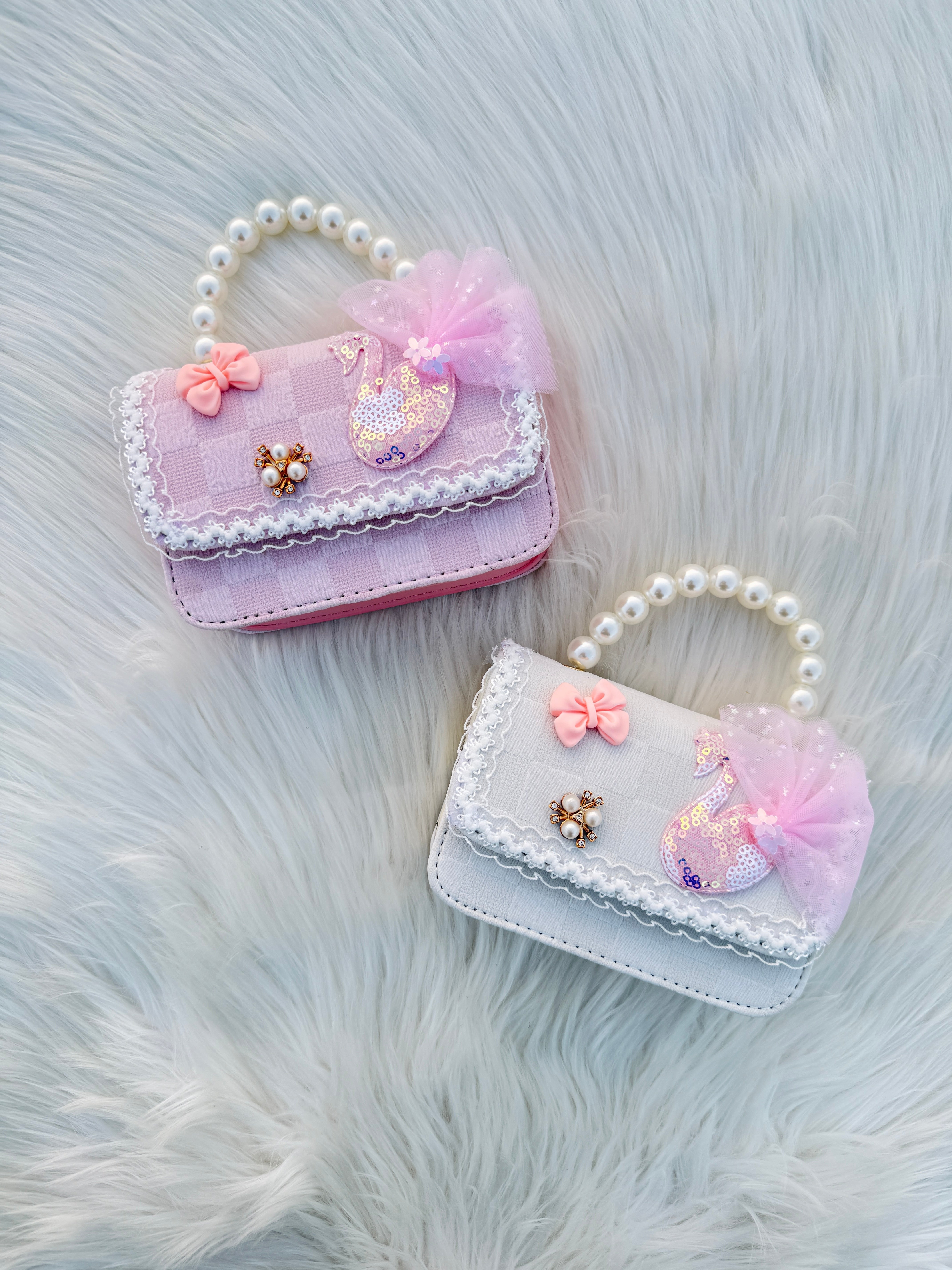 Pearl Handle Swan Princess Mini Handbag for Girls Cute Lace Bow Purse