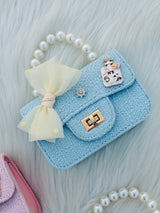 Pearl Handle Mini Tweed Bow Bag Cute Girls Crossbody & Handbag