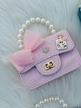 Pearl Handle Mini Tweed Bow Bag Cute Girls Crossbody & Handbag