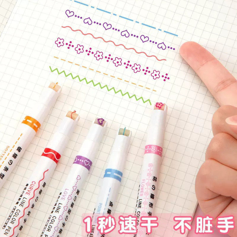 6Pcs/Set Flower Line Highlighter Pens Roller Nip Curve Marker Pen