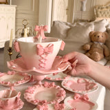 Handmade Kawaii Pink Bow Ceramic Cup & Saucer Set Coquette Princess Tea Cup 420ml Aesthetic Coffee Mug Set