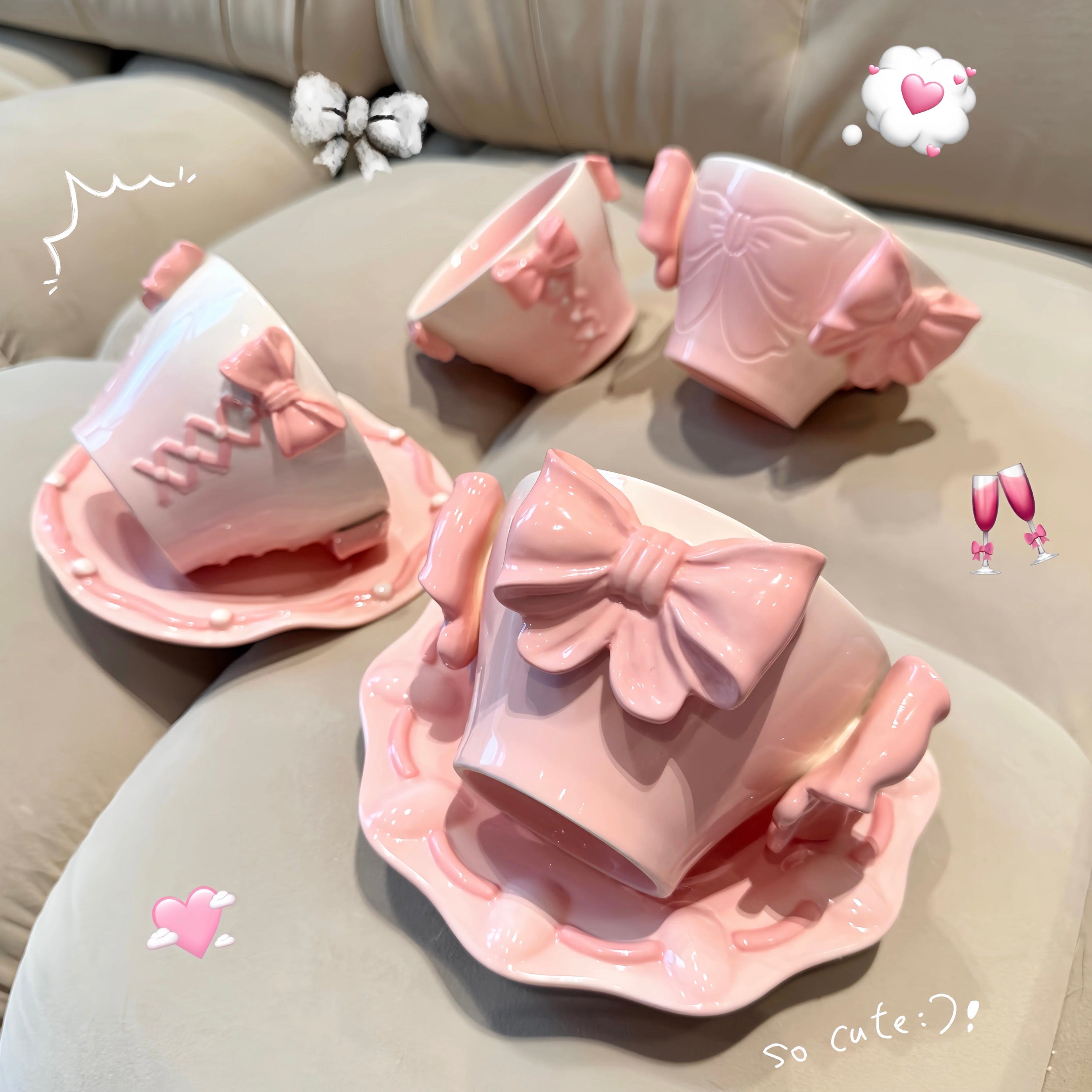 Handmade Kawaii Pink Bow Ceramic Cup & Saucer Set Coquette Princess Tea Cup 420ml Aesthetic Coffee Mug Set