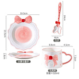 Kawaii Blue Bow Ceramic Mug Set with Plate & Spoon Princess Tea Cup Set 320ml Cute Aesthetic Coffee Cup