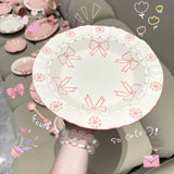 Handmade Pink Bow Ceramic Dinnerware Coquette Princess Dessert Plates Kawaii Aesthetic Tableware Gift Set