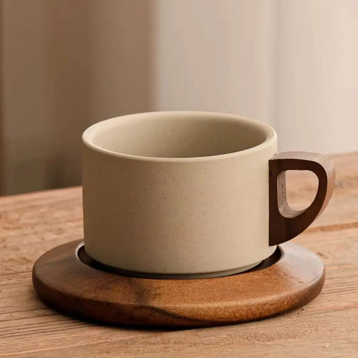 Minimalist Ceramic Cup with Wooden Saucer SparkelsSparkels