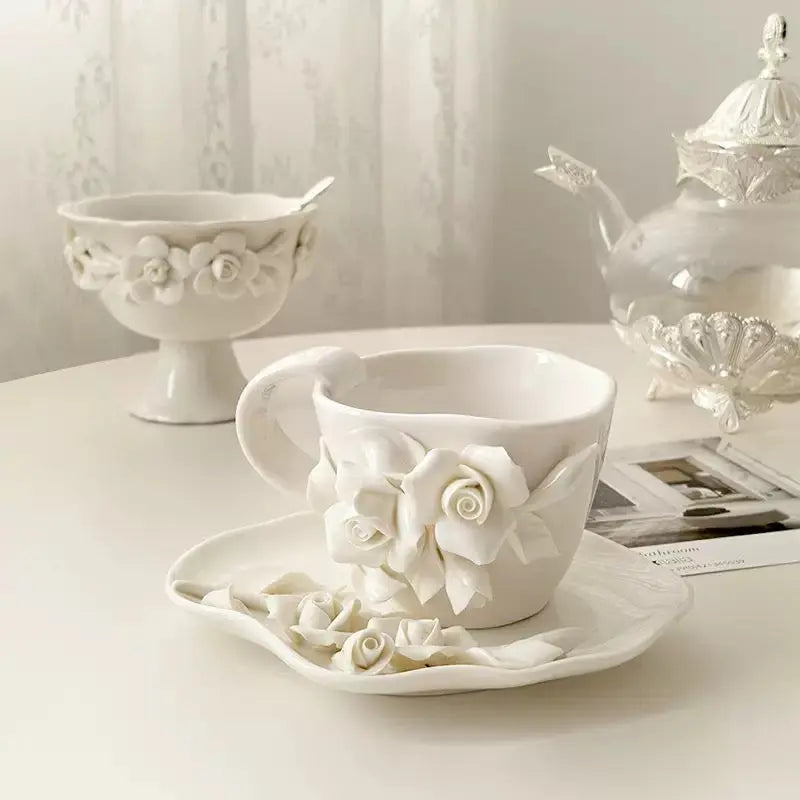 Ivory Rose Sculpted Ceramic Cup & Saucer SparkelsSparkels