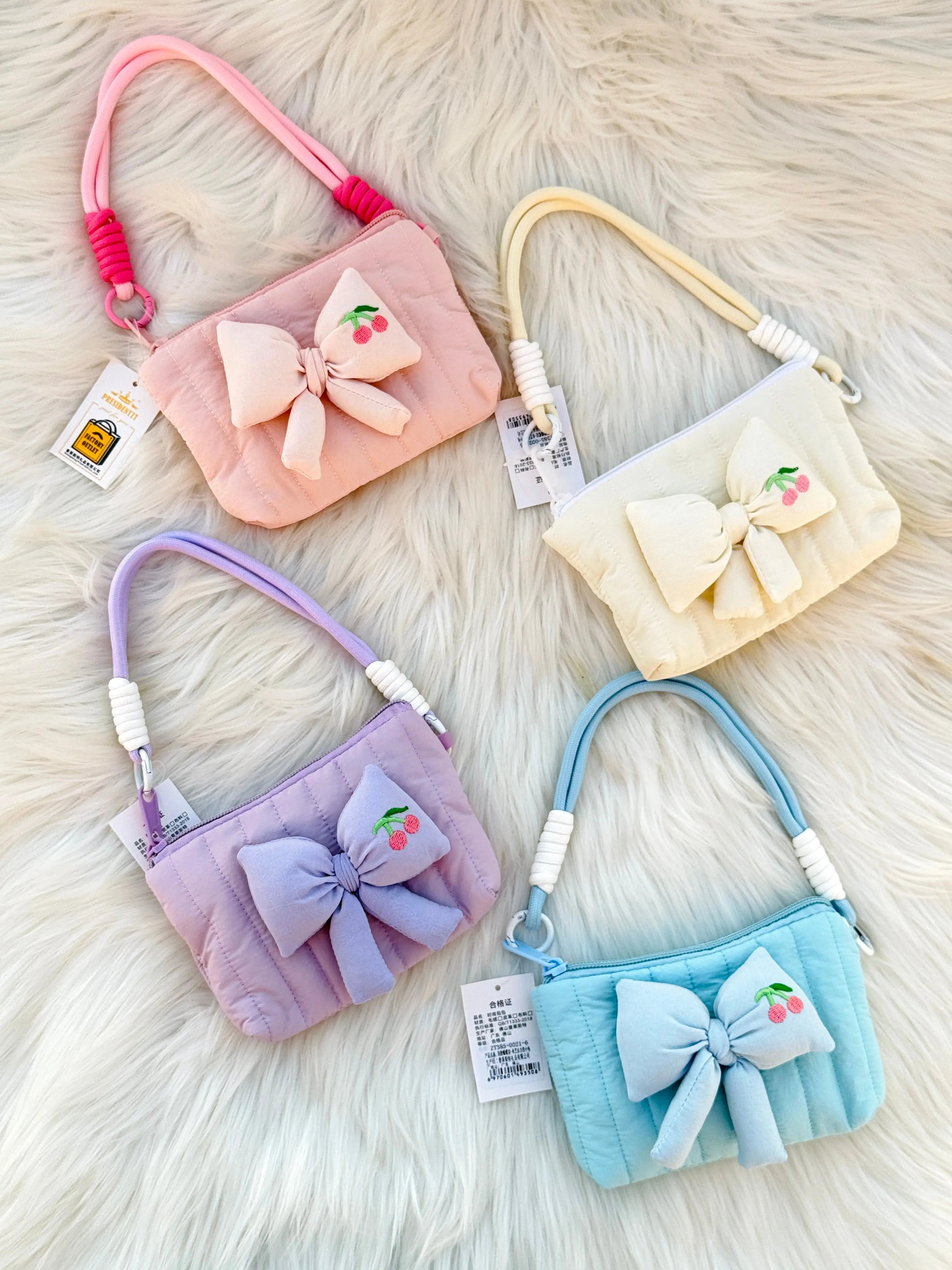 Cute Pastel Bow Mini Handbag with Cherry Embroidery SparkelsSparkels