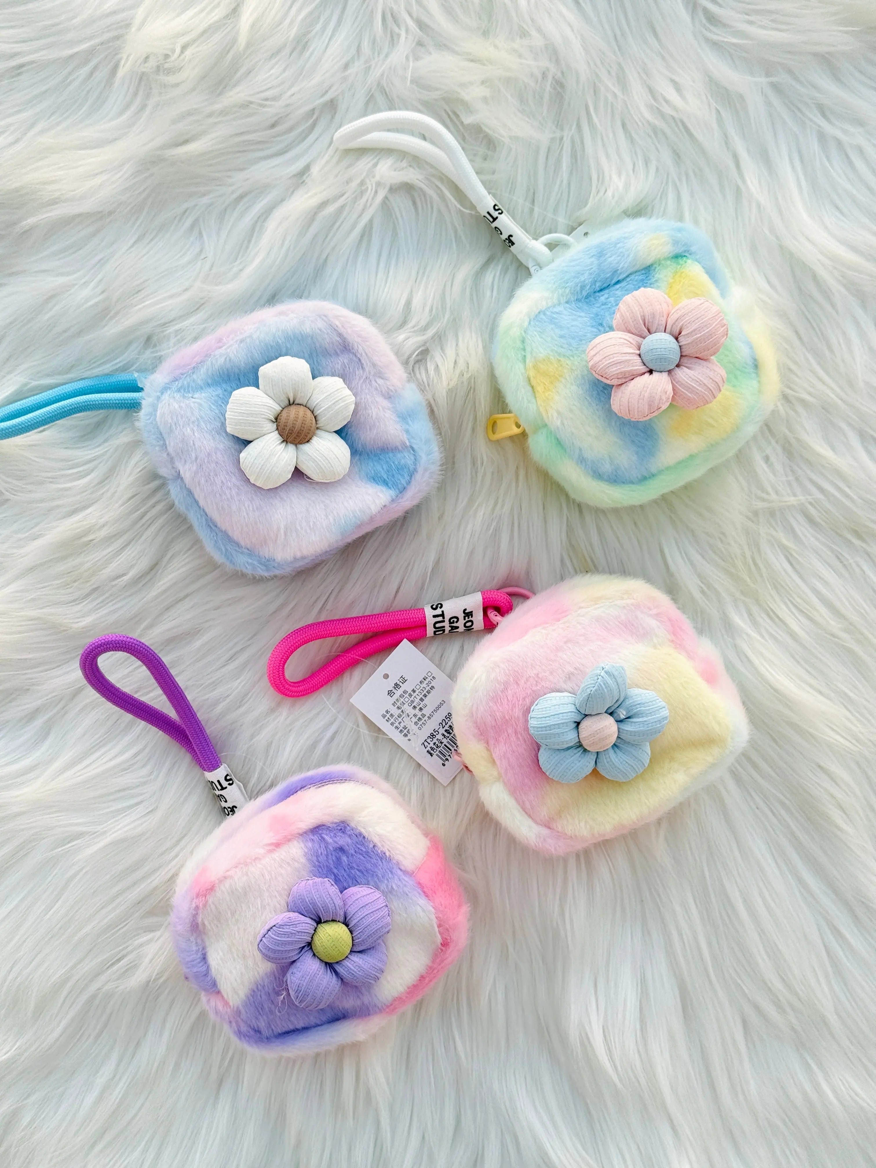 Cute Pastel Fluffy Coin Pouch with Flower SparkelsSparkels