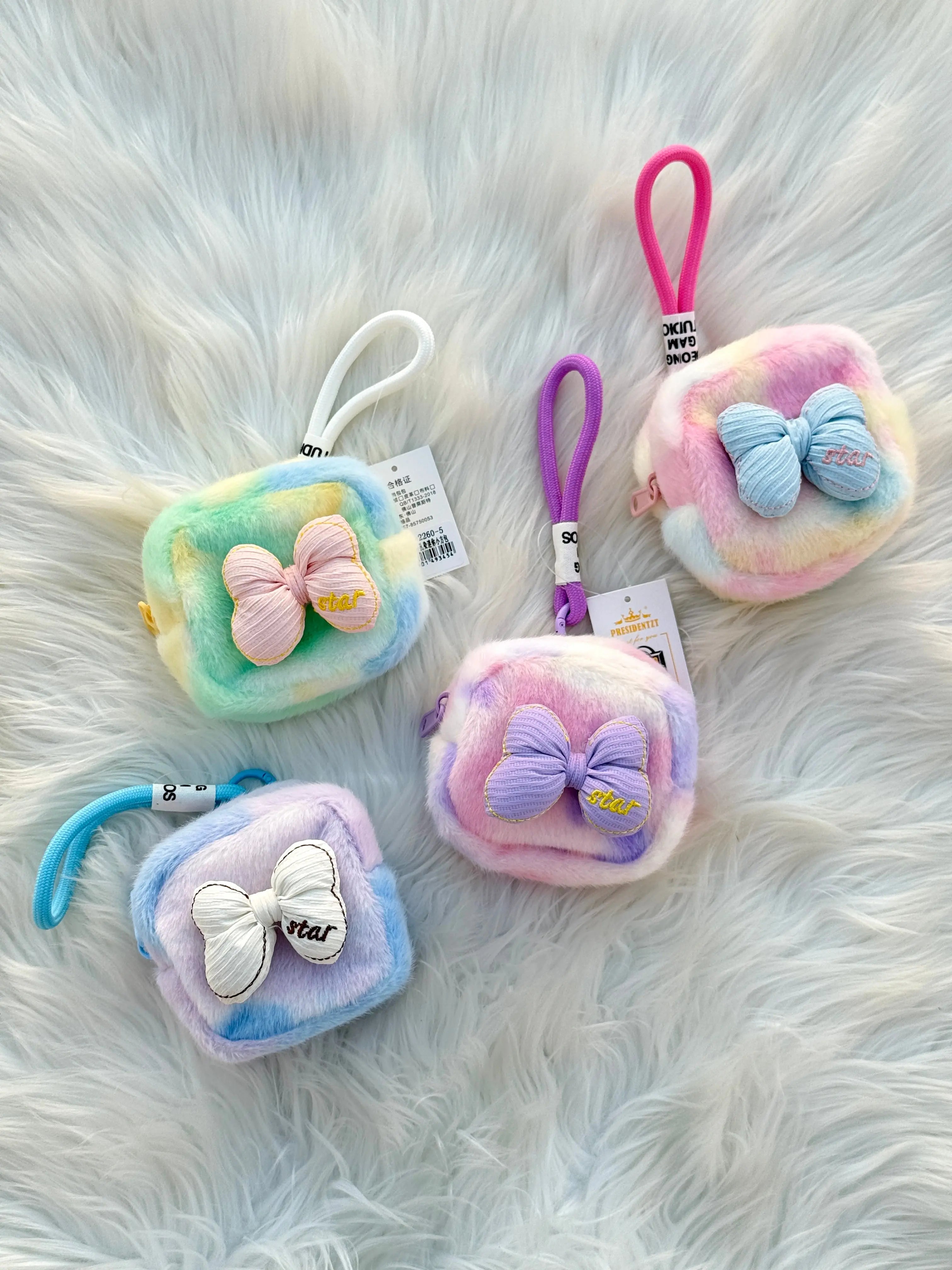 Pastel Rainbow Fluffy Coin Pouch Keychain SparkelsSparkels