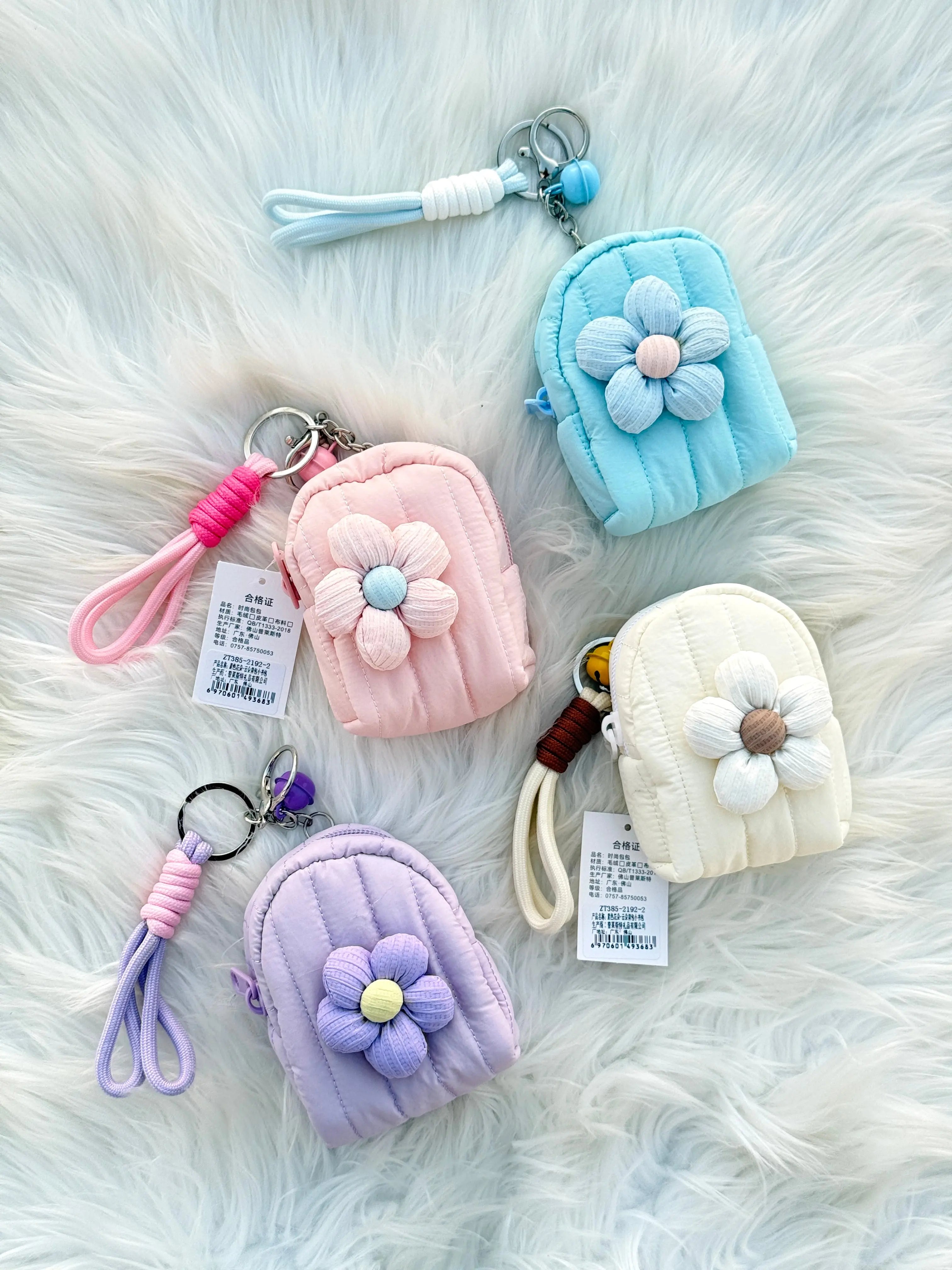 Cute Mini Backpack Coin Pouch Keychain with Flower