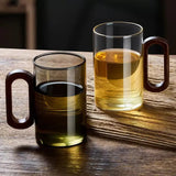 360ml Smoked Glass Coffee Mug with Wooden Handle Modern Clear Tea & Latte Cup