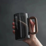 360ml Smoked Glass Coffee Mug with Wooden Handle Modern Clear Tea & Latte Cup
