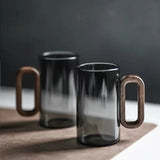 360ml Smoked Glass Coffee Mug with Wooden Handle Modern Clear Tea & Latte Cup