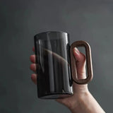 360ml Smoked Glass Coffee Mug with Wooden Handle Modern Clear Tea & Latte Cup