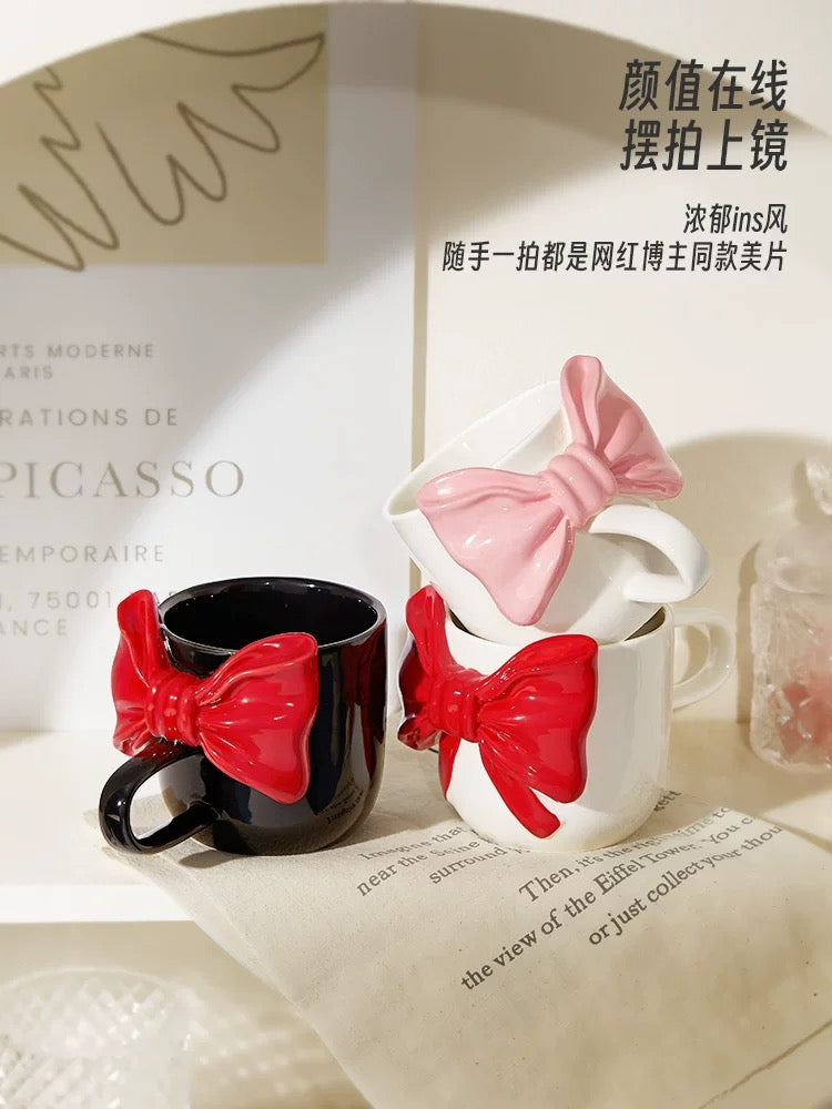 Cute Bow Knot Coffee Mug Aesthetic Ceramic Tea Cup with 3D Ribbon Handle