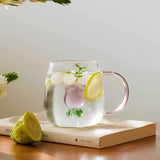 Creative 3D Flower Glass Mug Cute Transparent Coffee & Tea Cup with Colored Handle
