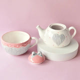Cute Heart Teapot & Cup Set Kawaii Ceramic Tea Set with Bow Lid