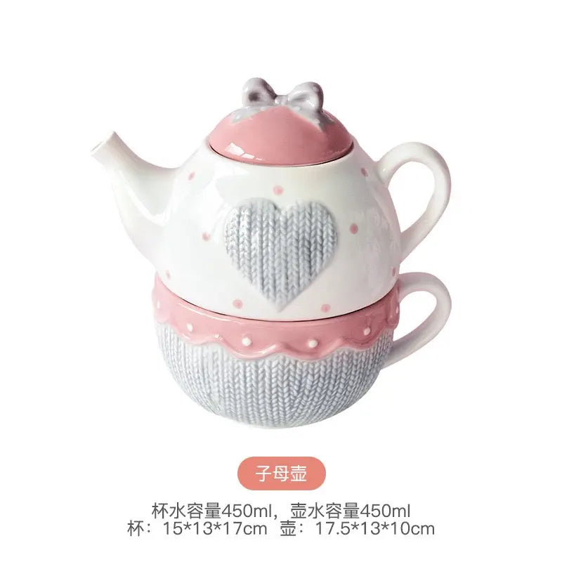 Cute Heart Teapot & Cup Set Kawaii Ceramic Tea Set with Bow Lid