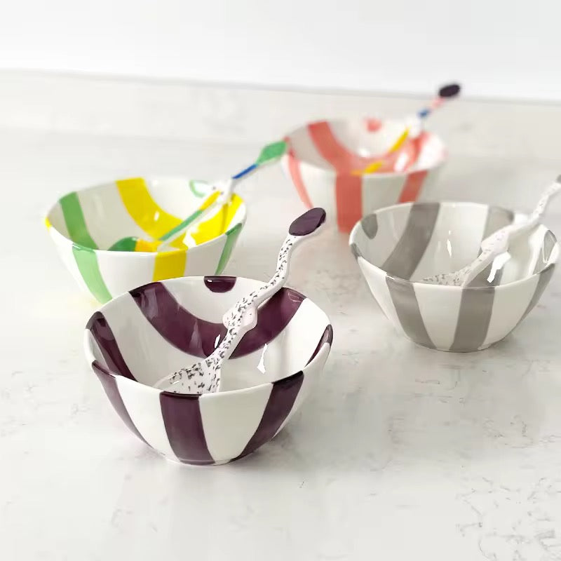 Colorful Striped Ceramic Bowl with Spoon Cute Dessert & Snack Bowl Set