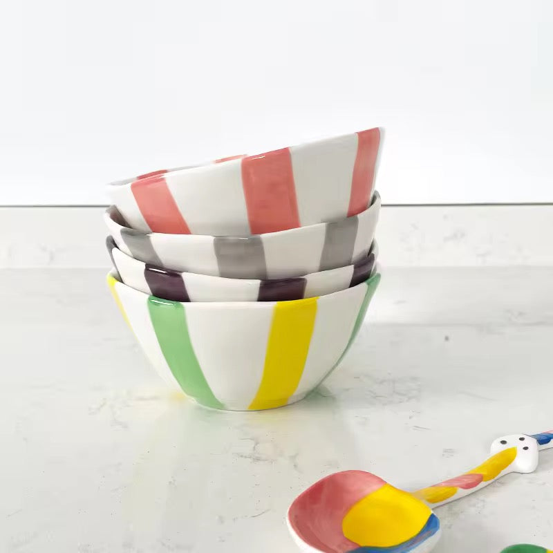 Colorful Striped Ceramic Bowl with Spoon Cute Dessert & Snack Bowl Set