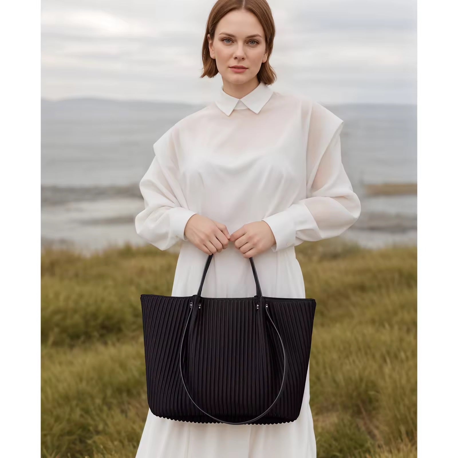 Pleated Tote Bag Lightweight Large Capacity Shoulder Bag