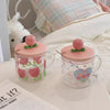 Cute Tulip Glass Mug with Peach Lid & Spoon