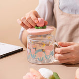 Cute Tulip Glass Mug with Peach Lid & Spoon