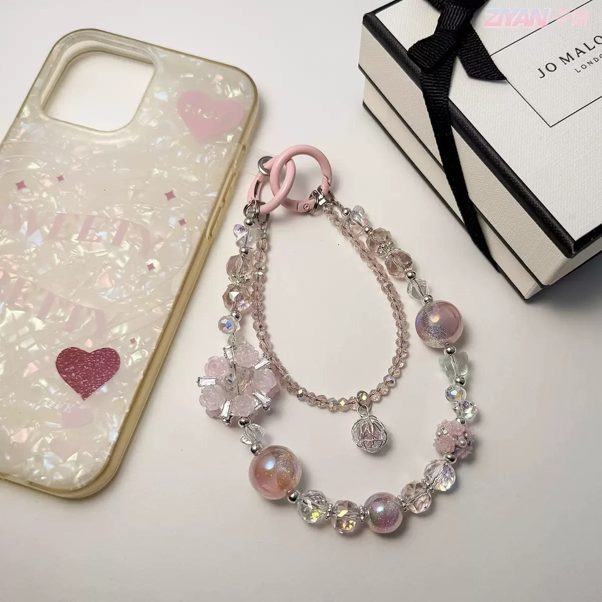 Pink Crystal Beaded Phone Charm Aesthetic Phone Wrist Strap