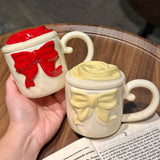 3D Bow Ceramic Mug with Rose Lid Aesthetic Pastel Coffee Mug
