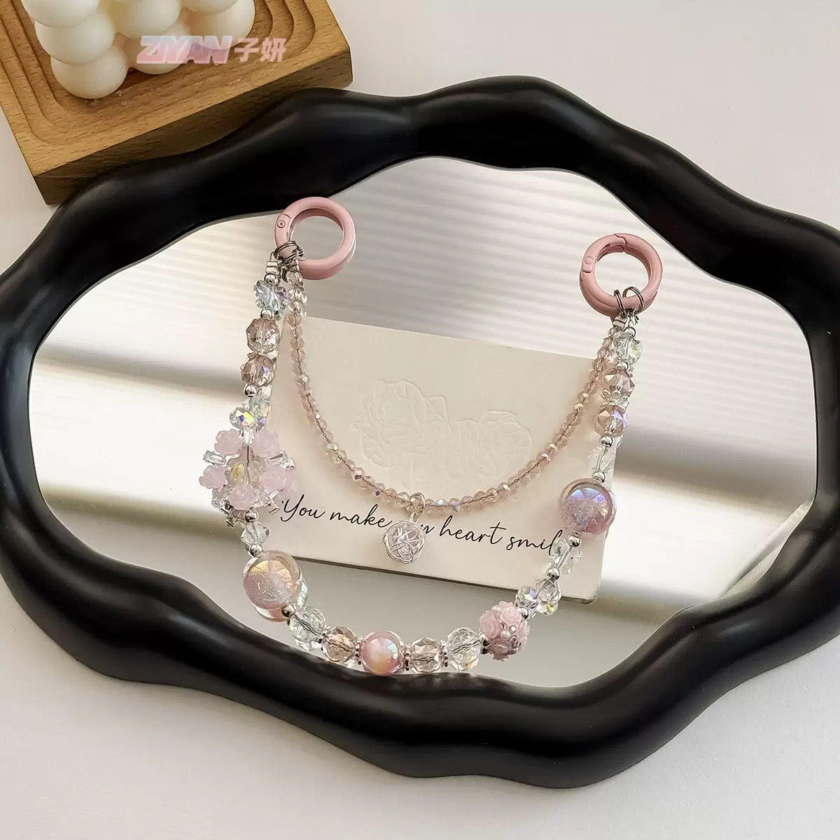 Pink Crystal Beaded Phone Charm Aesthetic Phone Wrist Strap