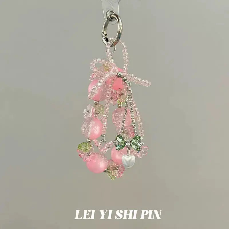 Pink Beaded Phone Charm Bracelet Kawaii Wrist Strap Keychain