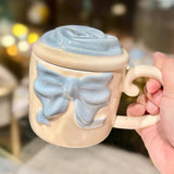 3D Bow Ceramic Mug with Rose Lid Aesthetic Pastel Coffee Mug