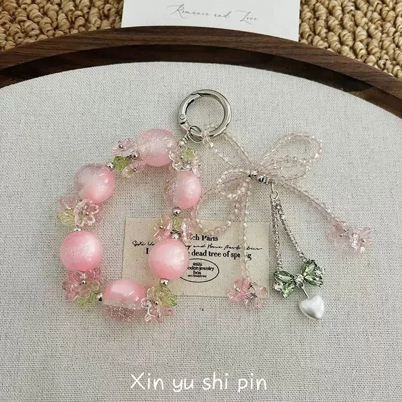 Pink Beaded Phone Charm Bracelet Kawaii Wrist Strap Keychain