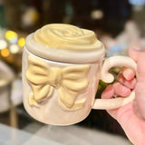 3D Bow Ceramic Mug with Rose Lid Aesthetic Pastel Coffee Mug