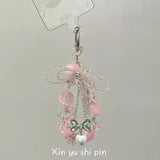 Pink Beaded Phone Charm Bracelet Kawaii Wrist Strap Keychain