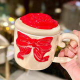 3D Bow Ceramic Mug with Rose Lid Aesthetic Pastel Coffee Mug