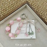 Pink Beaded Phone Charm Bracelet Kawaii Wrist Strap Keychain