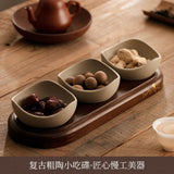 Elegant Snack Serving Tray Set Ceramic Bowls with Wooden Base