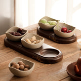 Elegant Snack Serving Tray Set Ceramic Bowls with Wooden Base