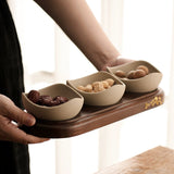 Elegant Snack Serving Tray Set Ceramic Bowls with Wooden Base