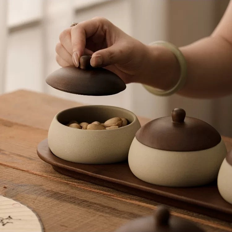 Minimalist Ceramic Snack Bowl Set 3 Section Wooden Serving Tray
