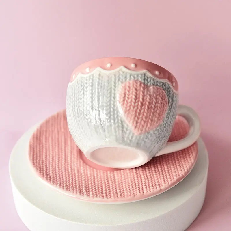 Cozy Knit Style Ceramic Cup & Saucer Cute Heart Coffee Se