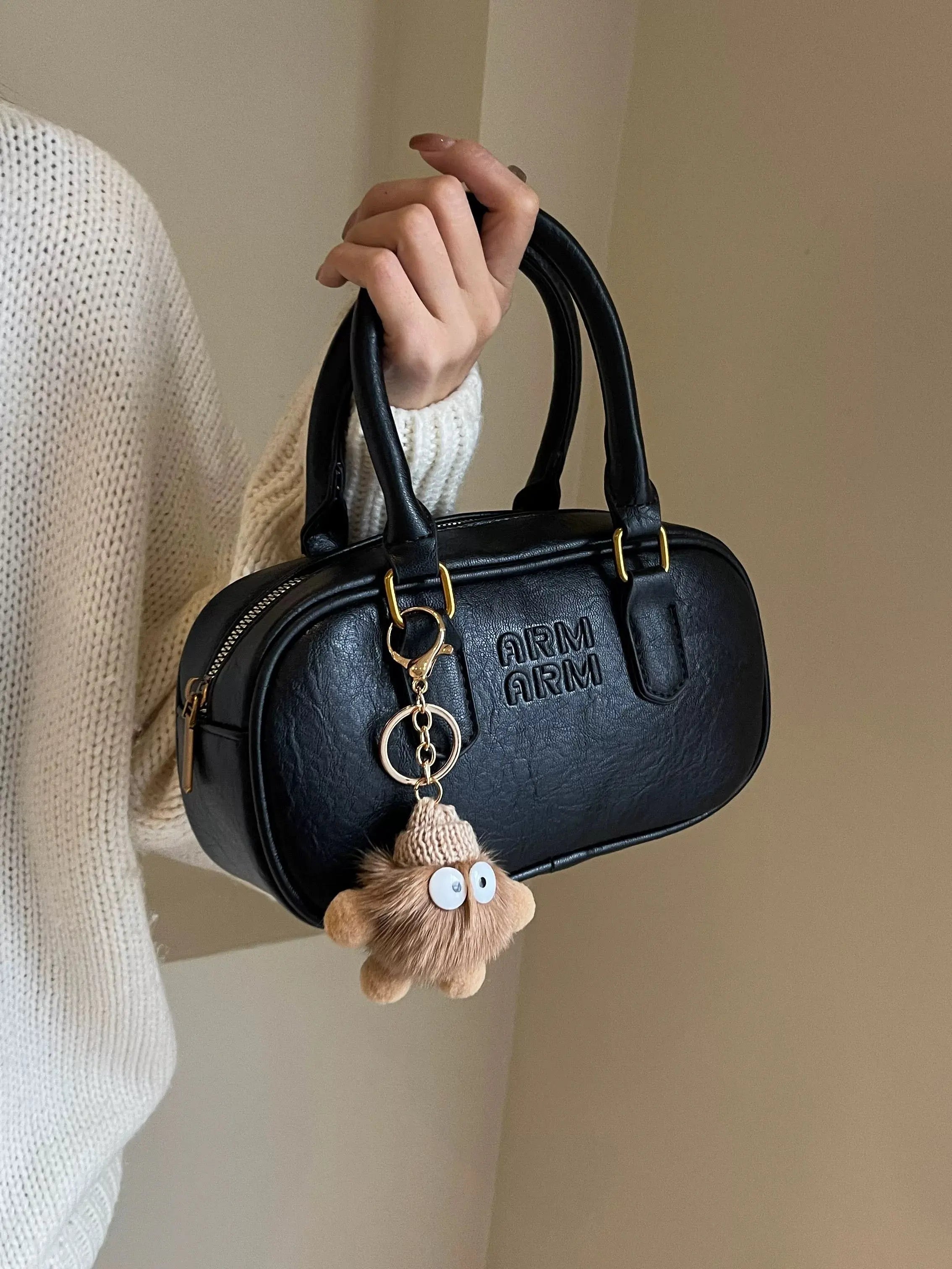 Vintage Mini Boston Bag Cute Shoulder Handbag with Plush Charm