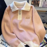 Cozy Half-Zip Knit Sweater Soft Aesthetic Pullover with Contrast Collar