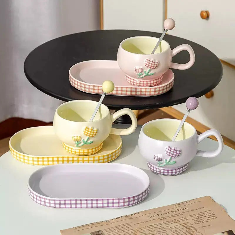 Cute Floral Ceramic Coffee Cup Set with Tray & Spoon