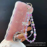Luxury Crystal Beaded Phone Charm with Bow Pendant Elegant Wrist Strap Keychain