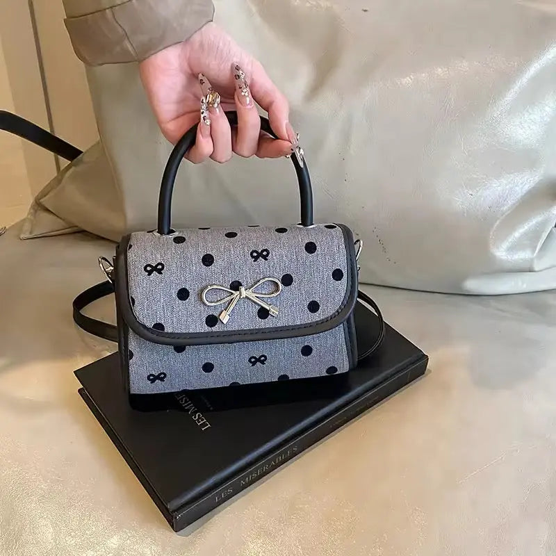 Vintage Bow Top Handle Bag Chic Polka Dot Mini Handbag