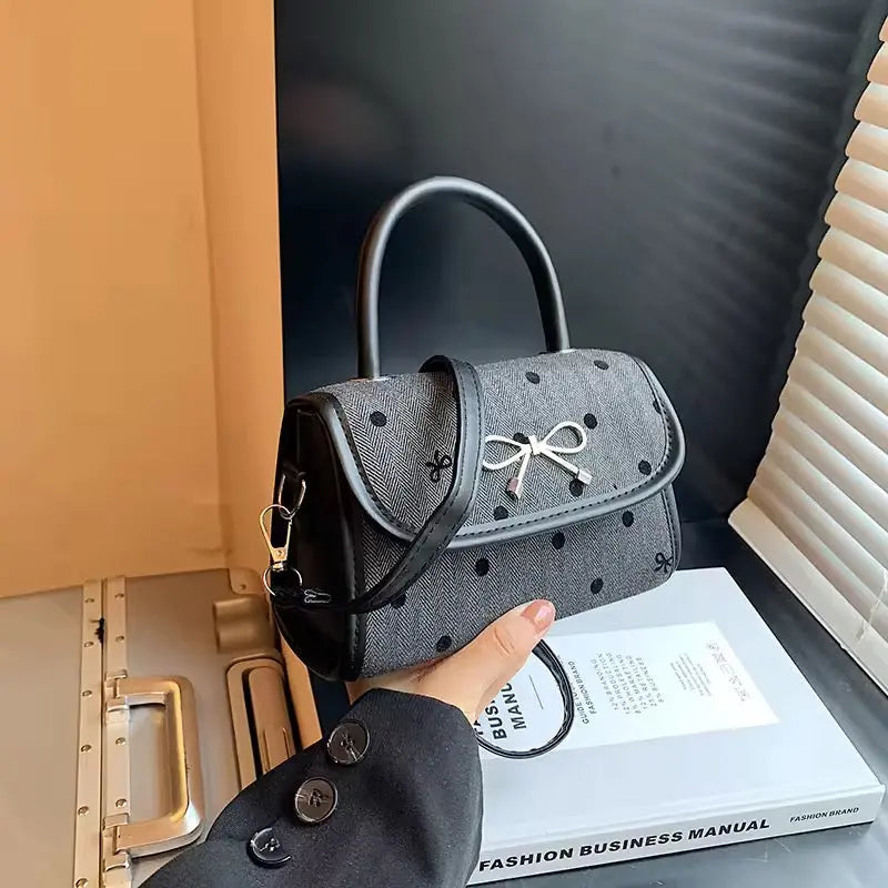 Vintage Bow Top Handle Bag Chic Polka Dot Mini Handbag